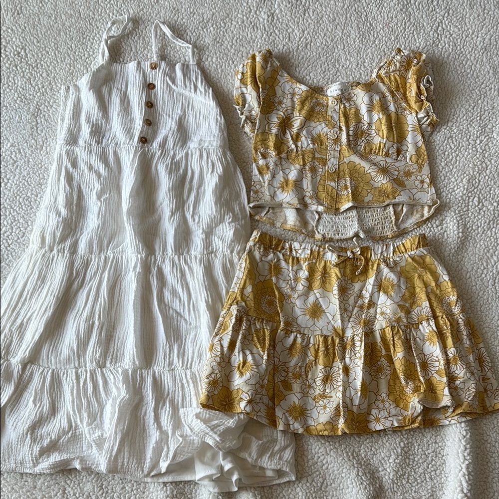 White Maxi Dress and Yellow Floral Two-Piece Set